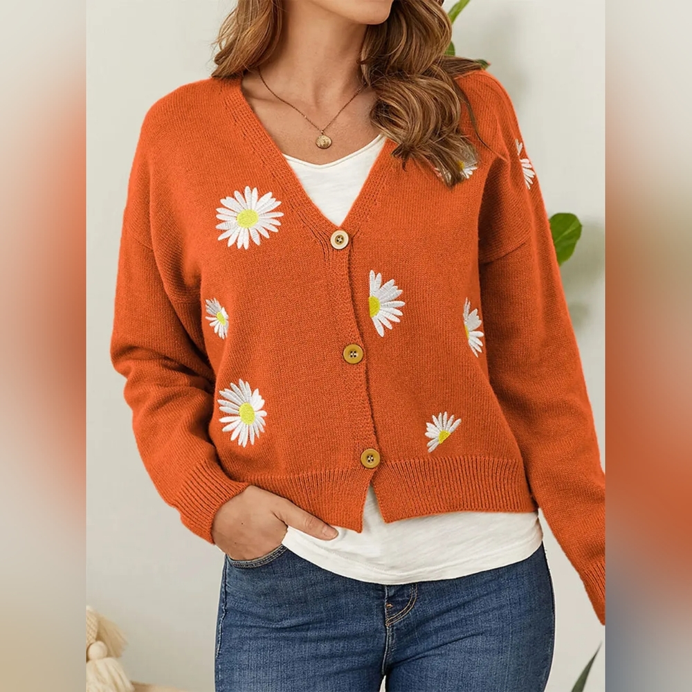 Embroidered Cropped Classic Knit Button Front Retro Long Sleeve Soft Cardigan